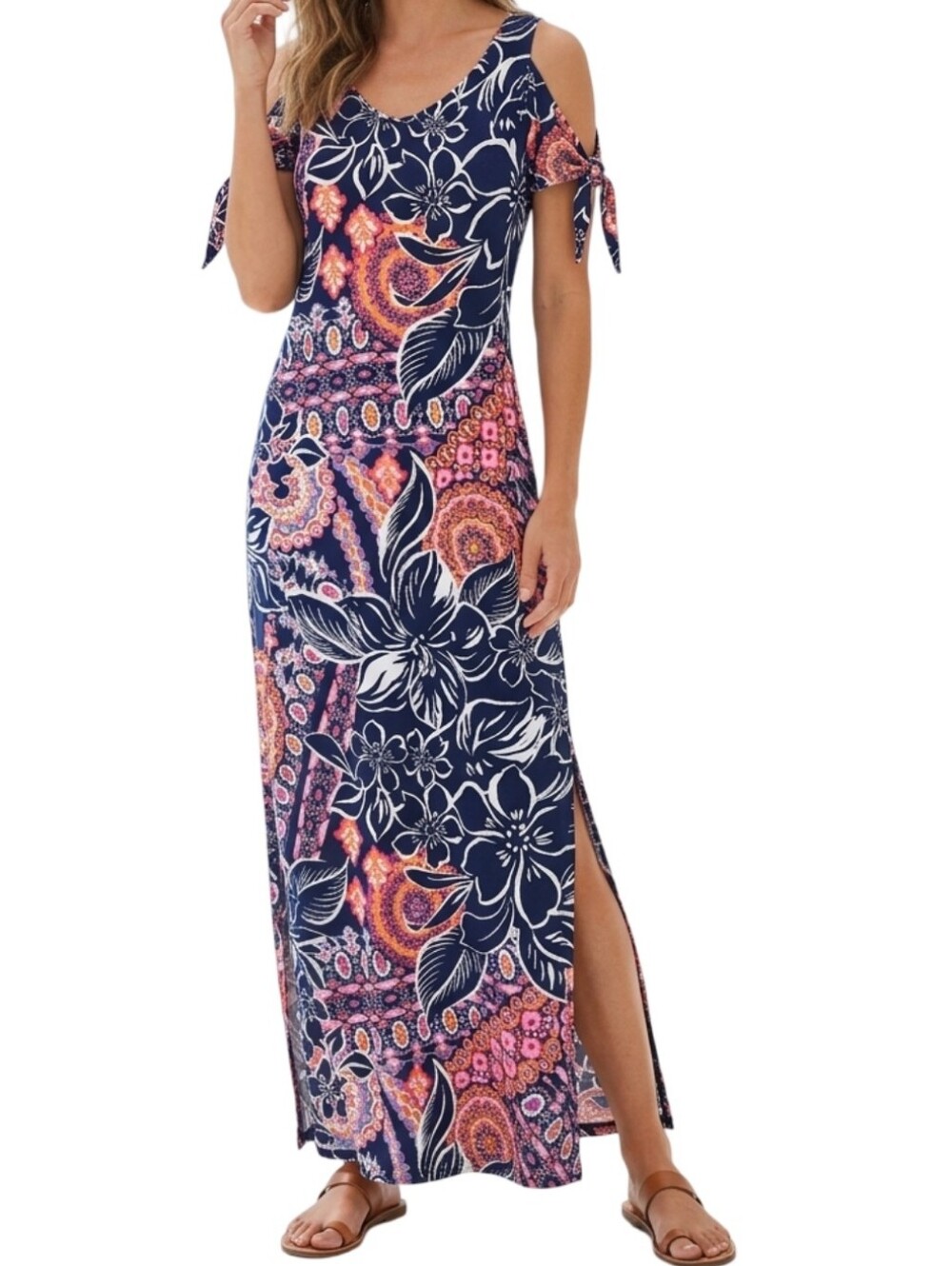KATE & MALLORY Boho Paisley Floral Cold Shoulder Maxi Dress XS Navy Pink Slit
